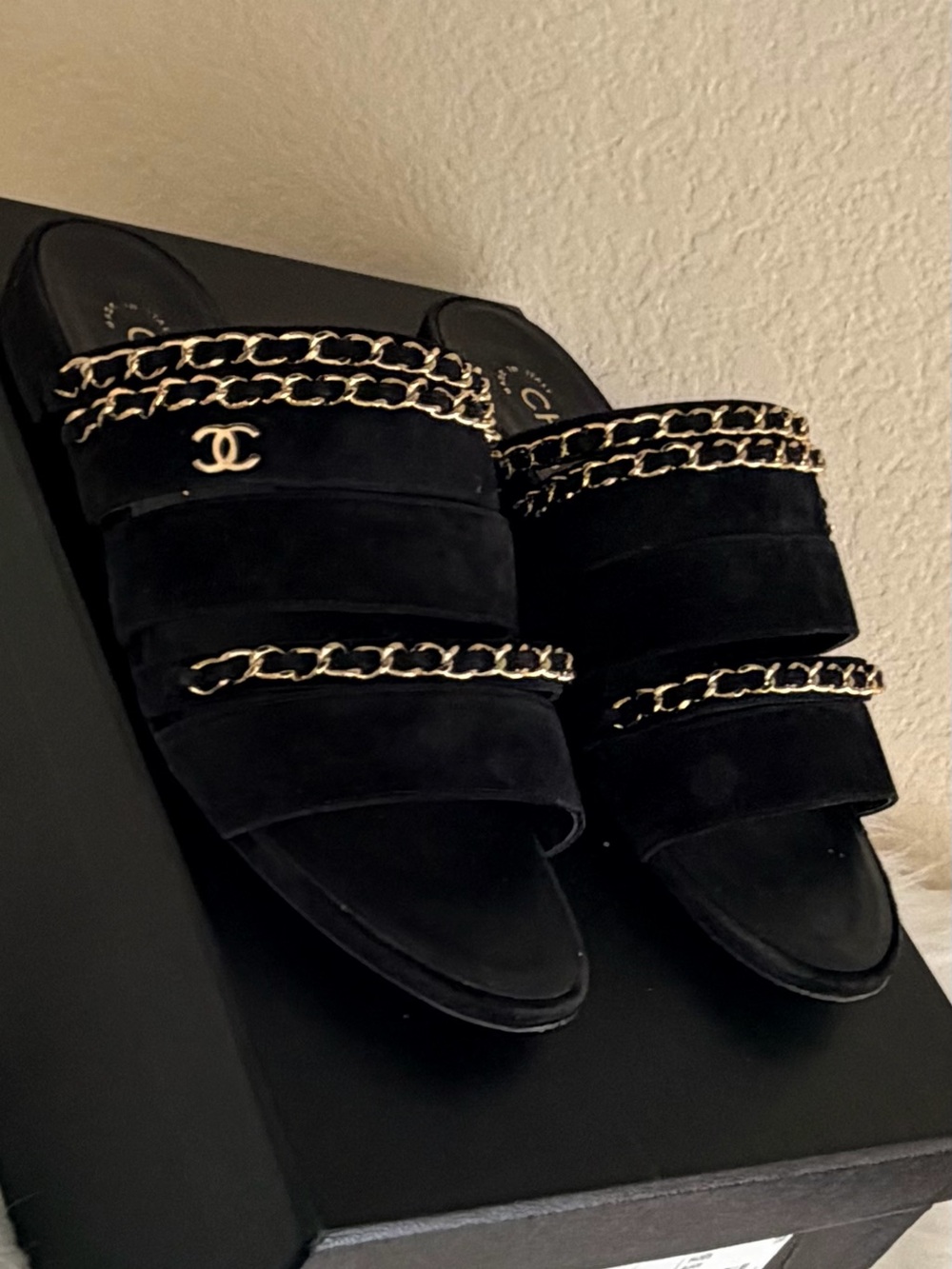 CHANEL Black Suede Chain-Trim Slide Mules - Picture 4 of 10